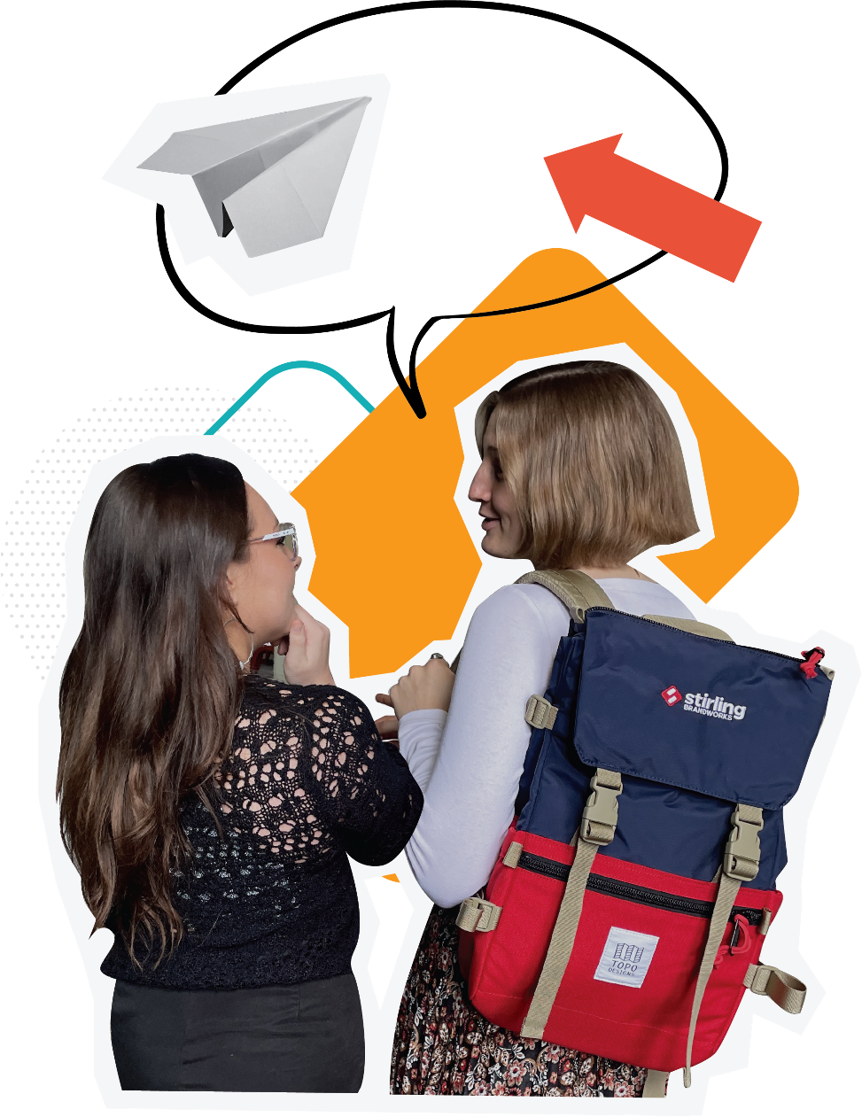 two employees talking and laughing with a branded backpack